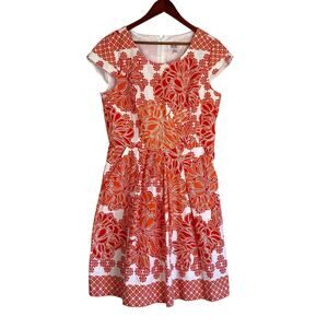 Vintage R&K Originals Orange White Tropical Floral Cap Sleeve Fit Flare Dress 12